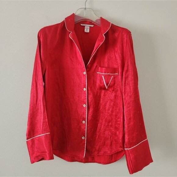 VICTORIA'S SECRET | Satin pajama top shirt red polka dot embroidered sz XS - Picture 1 of 5